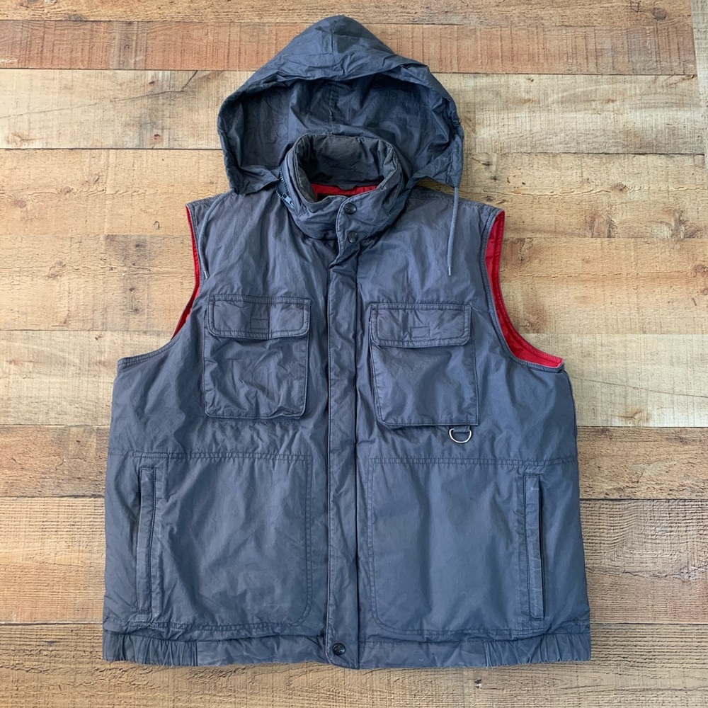 Eddie Bauer Goose Down Utility Vest with Hidden Zip Hood LARGE Blue VINTAGE